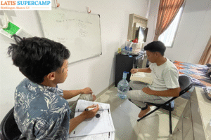 ilustrasi siswa supercamp sedang belajar intensif utbk 1 on 1 bersama tutor